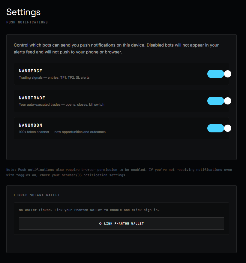 NanoEdge_pro's tweet photo. 4. Control which notifications you want to receive inside the "Settings" tab. 
You can also connect your Phantom wallet for easy one-click login (available for desktops only, for now) https://t.co/ohYsSXlkgk