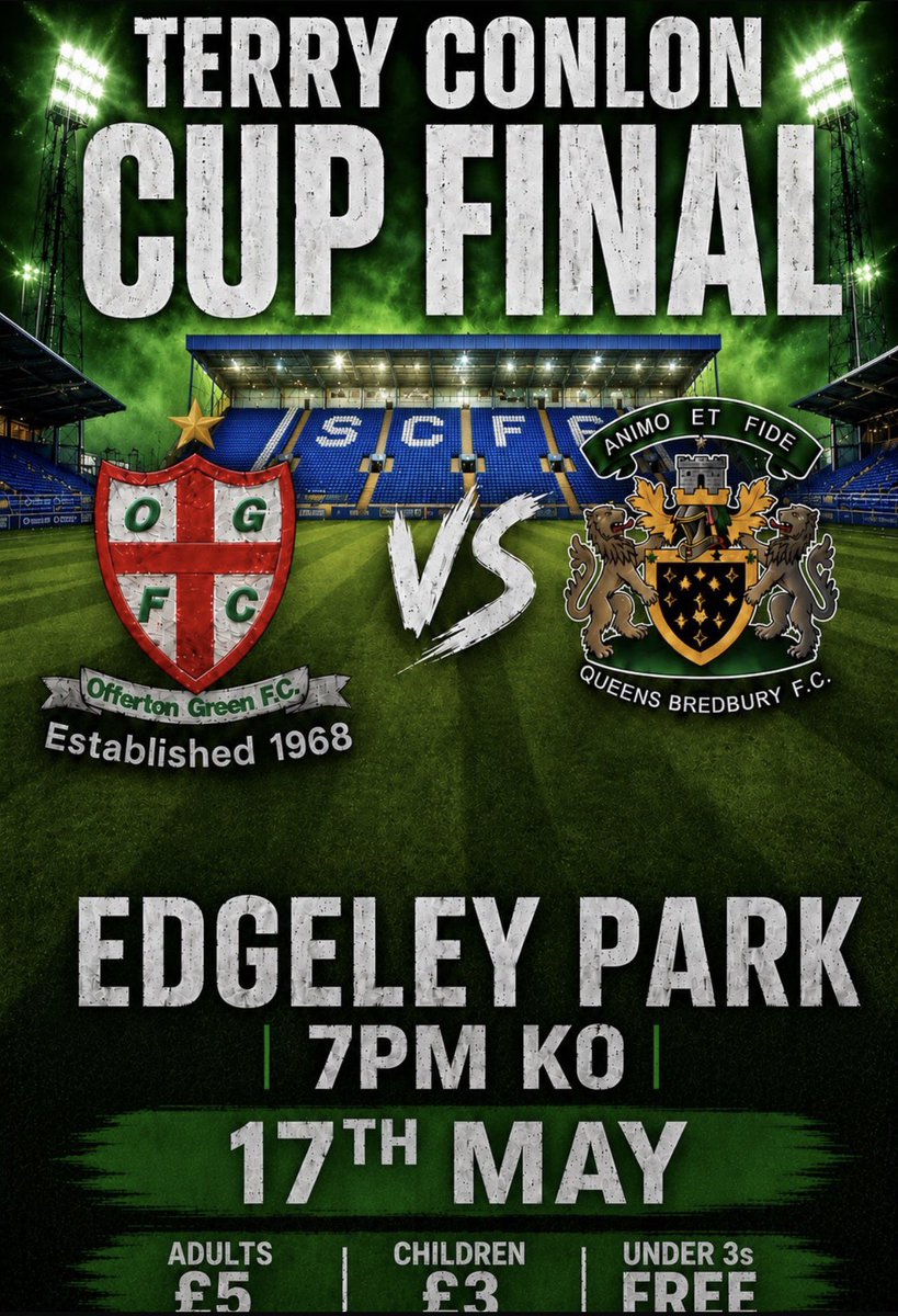 OffyGreenFC's tweet photo. The big one on Sunday. Back to Edgeley Park to hopefully retain our cup, come and show your support for what guarantees to be a great game💚

🆚 @QUEENS_BREDBURY 
🏟️Edgeley Park
🕥7pm
🏆Terry Conlon Trophy - Final

#ohwhenthegreen 💚💚💚 https://t.co/fDyTbzW81Y