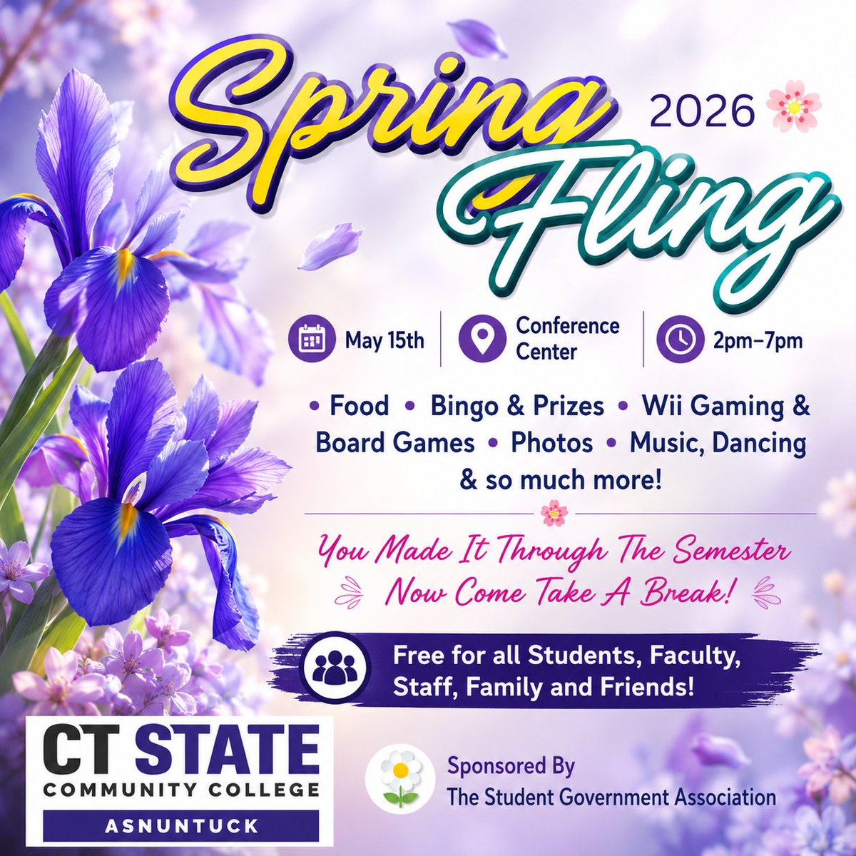 ct_asnuntuck's tweet photo. SPRING FLING 2026: Join us tomorrow for an awesome end of the semester celebration from 2 to 7 p.m. - in the conference center, Tower Lobby, and outside! We look forward to seeing you. https://t.co/V83h0lyV1K