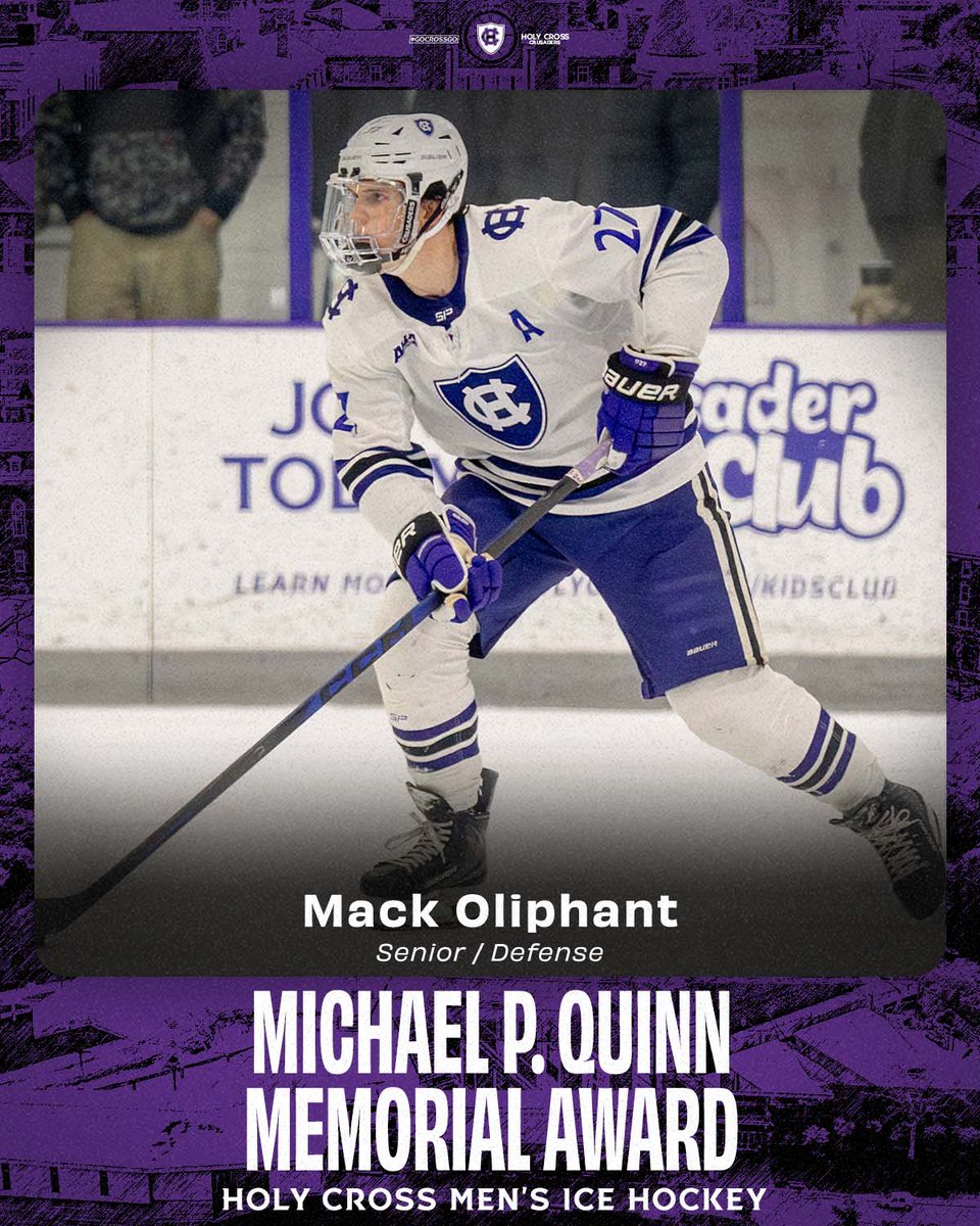 HCrossMHockey's tweet photo. For the second year in a row, Mack Oliphant is the Michael P. Quinn Award winner as the team's defensive player of the year! Oliphant finishes his Holy Cross career as the all-time leader in games played, and third all-time for points and assists by a defenseman.

#GoCrossGo https://t.co/uVBpWoeagj