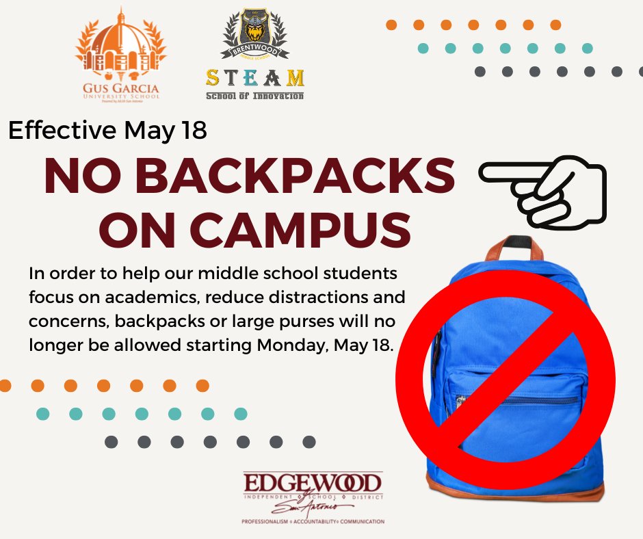 GusUniversity's tweet photo. Starting Monday, May 18, backpacks and large purses will not be allowed at school.
This change is to help reduce distractions and keep the focus on learning. We appreciate your support as we approach the end of the school year. #EdgewoodProud #StudentSuccess https://t.co/lF5MJ5xne3