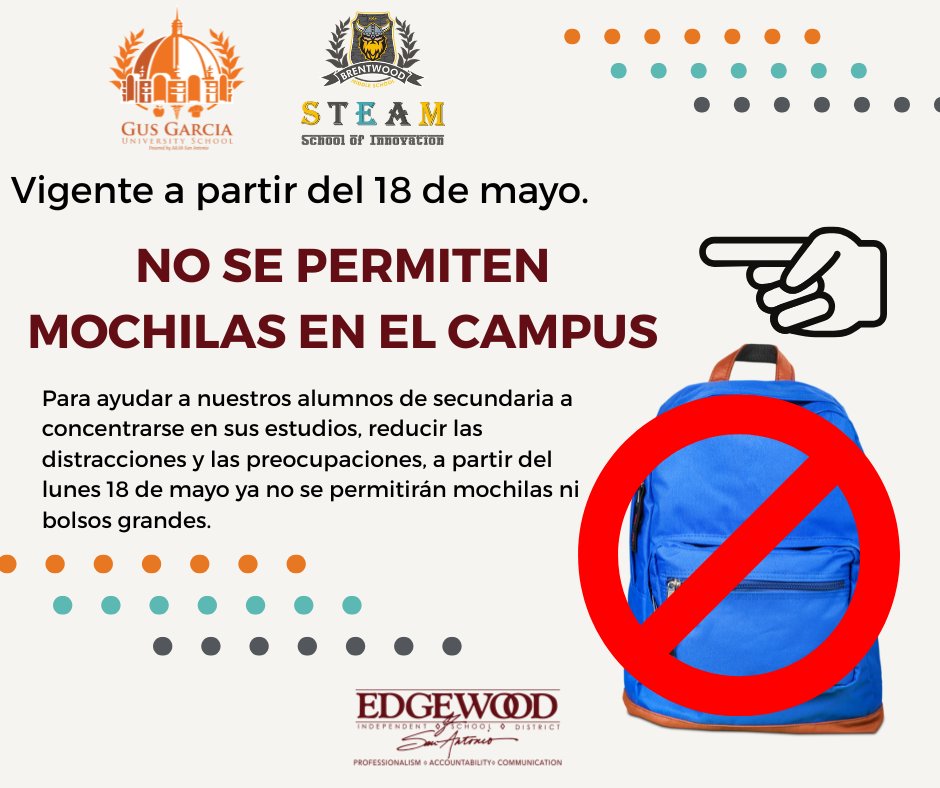 GusUniversity's tweet photo. Starting Monday, May 18, backpacks and large purses will not be allowed at school.
This change is to help reduce distractions and keep the focus on learning. We appreciate your support as we approach the end of the school year. #EdgewoodProud #StudentSuccess https://t.co/lF5MJ5xne3