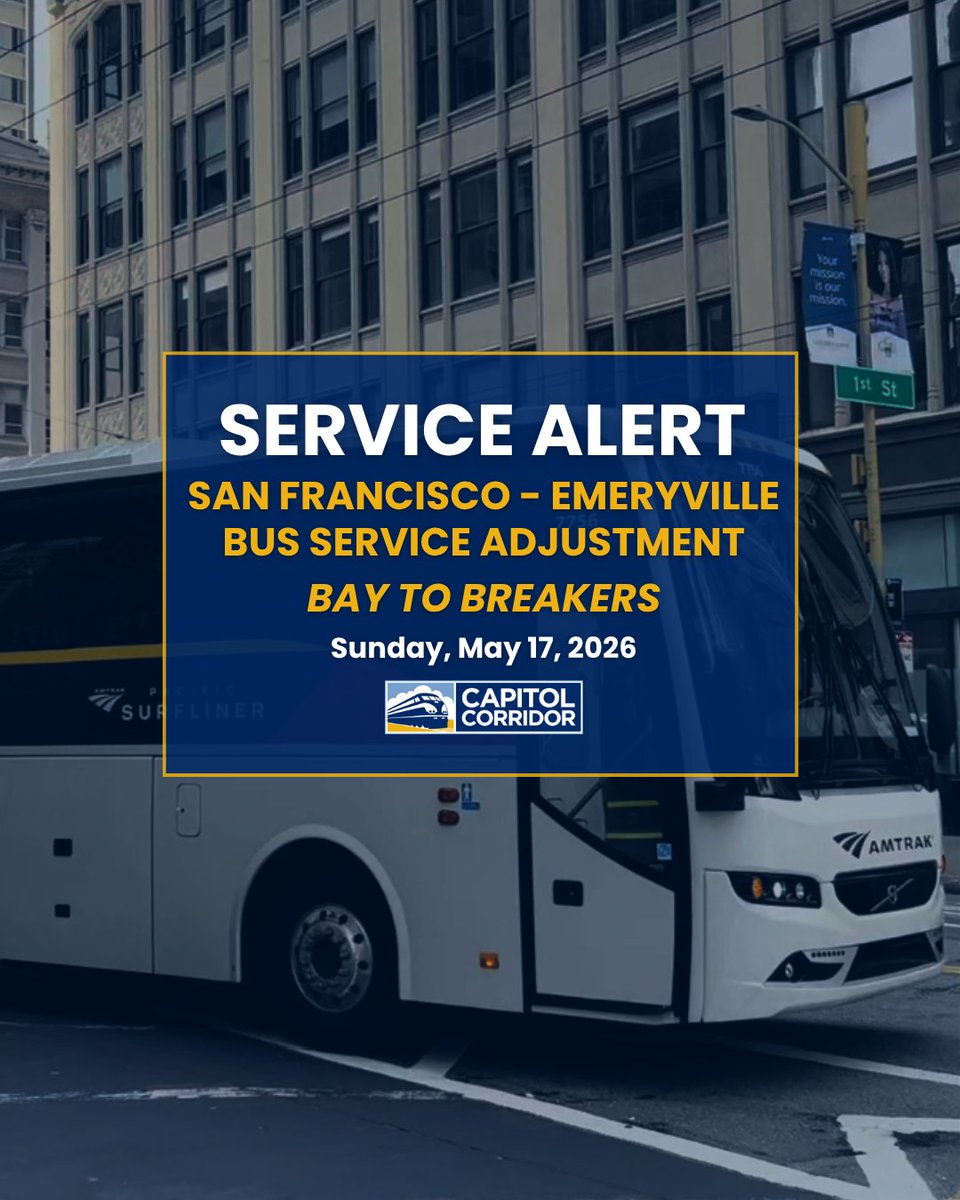 CapitolCorridor's tweet photo. Bay to Breakers is this Sunday, 5/17!  

Capitol Corridor bus service to SF will be temporarily suspended on 5/17 morning, resuming in the afternoon.  

Transfer to BART Red Line from Richmond Station towards San Francisco.  

Learn more below:

https://t.co/VEQvuwaoKQ https://t.co/9973SwFRiL