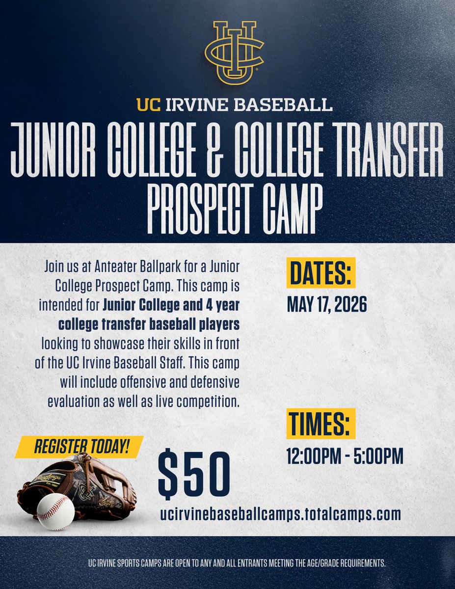 UCIbsb's tweet photo. Join us this Sunday for our Junior College and College Transfer Prospect Camp, which will include offensive &amp; defensive evaluation and live competition! Sign up 𝑵𝑶𝑾 at the link below! ⬇️

🔗 | https://t.co/q5IBNG8DYg

#EatersGottaEat | #RipEm https://t.co/tWA0kOoYJT