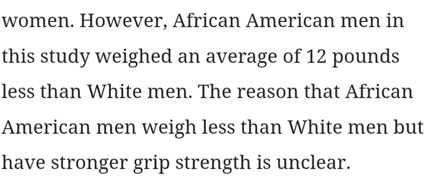 Jake99w's tweet photo. @CrucifySpics @KhitesSt21096 @Gabriel78470020 @evolacore @CrucifySpics Whites are literally fatter and heavier in the study but exhibit less grip strength. You're retarded and conflating relative muscle efficiency with pound for pound strength where whites are also weaker. https://t.co/Jk2wWv6Mr3