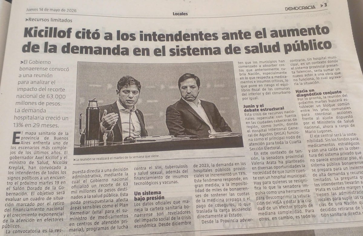 ValeriaArata's tweet photo. 🧵 El gobernador convocó a intendentes ante el fuerte aumento de atenciones en el sistema público de salud. Una situación que no es casual: es consecuencia directa del retiro del Estado nacional del financiamiento que históricamente sostenía políticas sanitarias en todo el país. https://t.co/7c1MSKbkEC