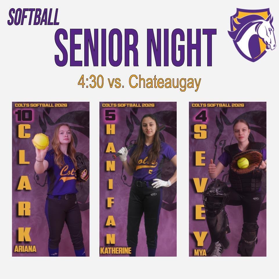 CPCSColts's tweet photo. Come celebrate our Senior Softball Girls at the Senior Night game. CPCS vs. Chateaugay at Swift Field.  Festivities starts at 4:00PM. Go Colts! https://t.co/2PQqYGT47o
