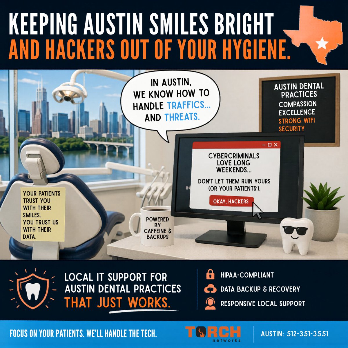 Torch_Networks's tweet photo. Did you know Torch Networks services Austin too? 🤠🦷💻

Austin dental offices already deal with enough daily chaos. We help Austin dental practices stay secure, HIPAA-compliant, and running smoothly — without the constant tech headaches.

📞 Austin: 512-351-3551 https://t.co/tuFKMbY3O1