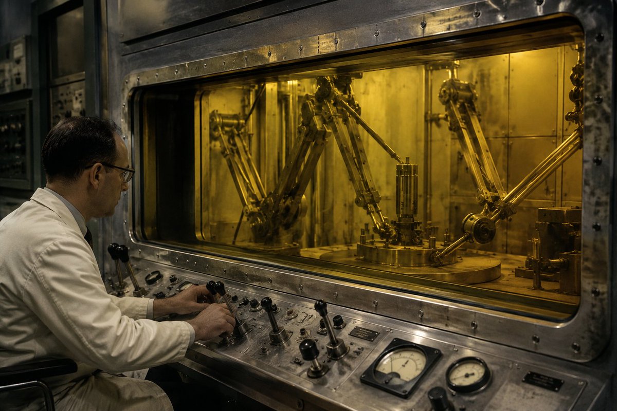 HealthPhysicsTX's tweet photo. 📜 **Throwback Thursday — The First “Hot Cells”** ⚛️🦾

In the early days of nuclear research, scientists faced a major problem:

How do you work with highly radioactive materials… without standing next to them?

The solution was something that looked... https://t.co/fUFTY3NbMt https://t.co/3SWPCXHJo0