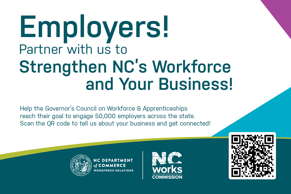 ncworks's tweet photo. NEWS: @NC_Governor Josh Stein’s Council on Workforce &amp; #Apprenticeships is launching an effort to engage 50,000 employers as partners in building North Carolina’s talent pipeline! Learn more: https://t.co/rZnkctoxpP 
#NCWorks https://t.co/yaXRIhac4m