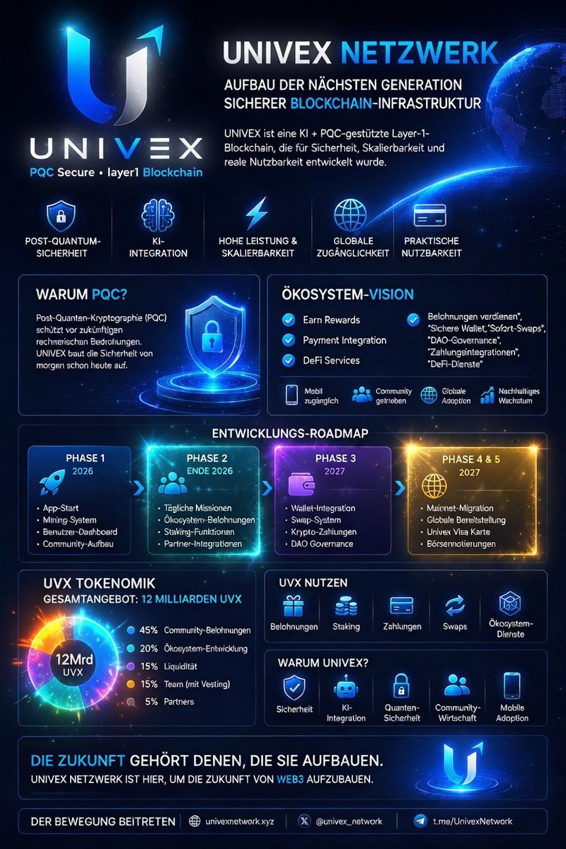 UnivexEuropa's tweet photo. 🇩🇪 UNIVEX NETWORK — Die nächste Generation sicherer Blockchain 🌐
AI + PQC-gestütztes Layer-1 Ökosystem:
🔐 Quantensicher
🤖 KI-Integration
⚡ Hochskalierbar
🌍 Global
💳 Reale Anwendungen
Web3 der Zukunft baut UNIVEX heute. 🚀
#Univex #Krypto #Btc #Coin #Kryptomarkets #Mining https://t.co/n7GCBVGbiZ