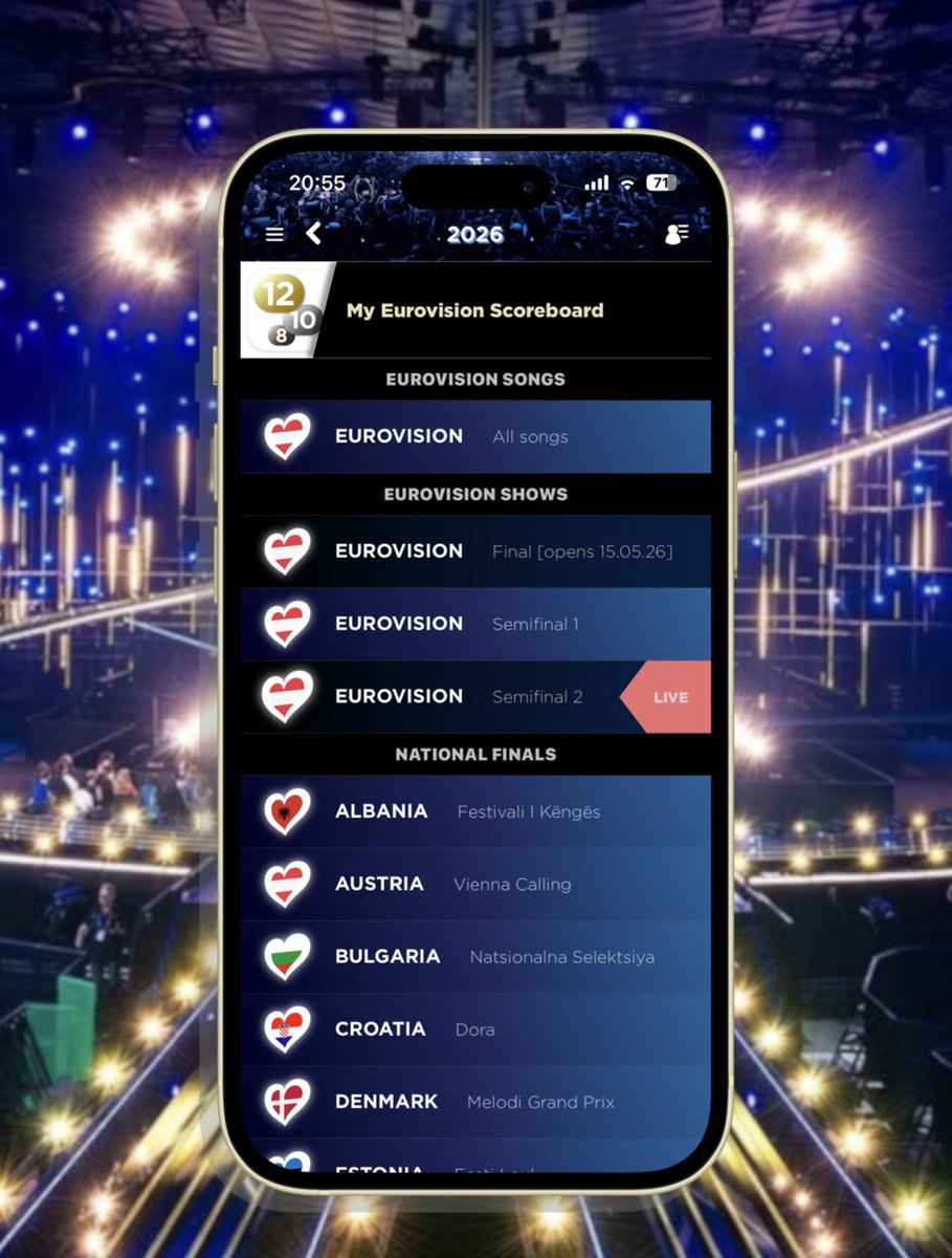 EuroScoreboard's tweet photo. 📲 Let's rate the 2nd Semifinal together! 🤩 #Eurovision #EurovisionApp #ESC2026 https://t.co/ZzslnuJk2a