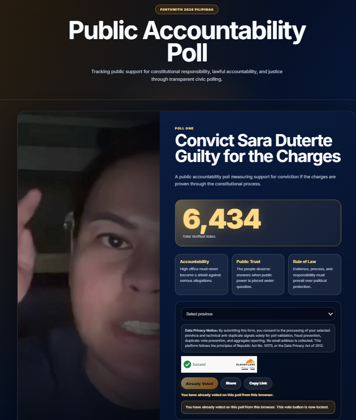 CheekyLady1027's tweet photo. Round two, everyone!  Cast your vote in the Public Accountability Poll — Convict Sara Duterte Guilty on the Charges.”
https://t.co/rbdKnL5D9v https://t.co/wmZRcGAnti