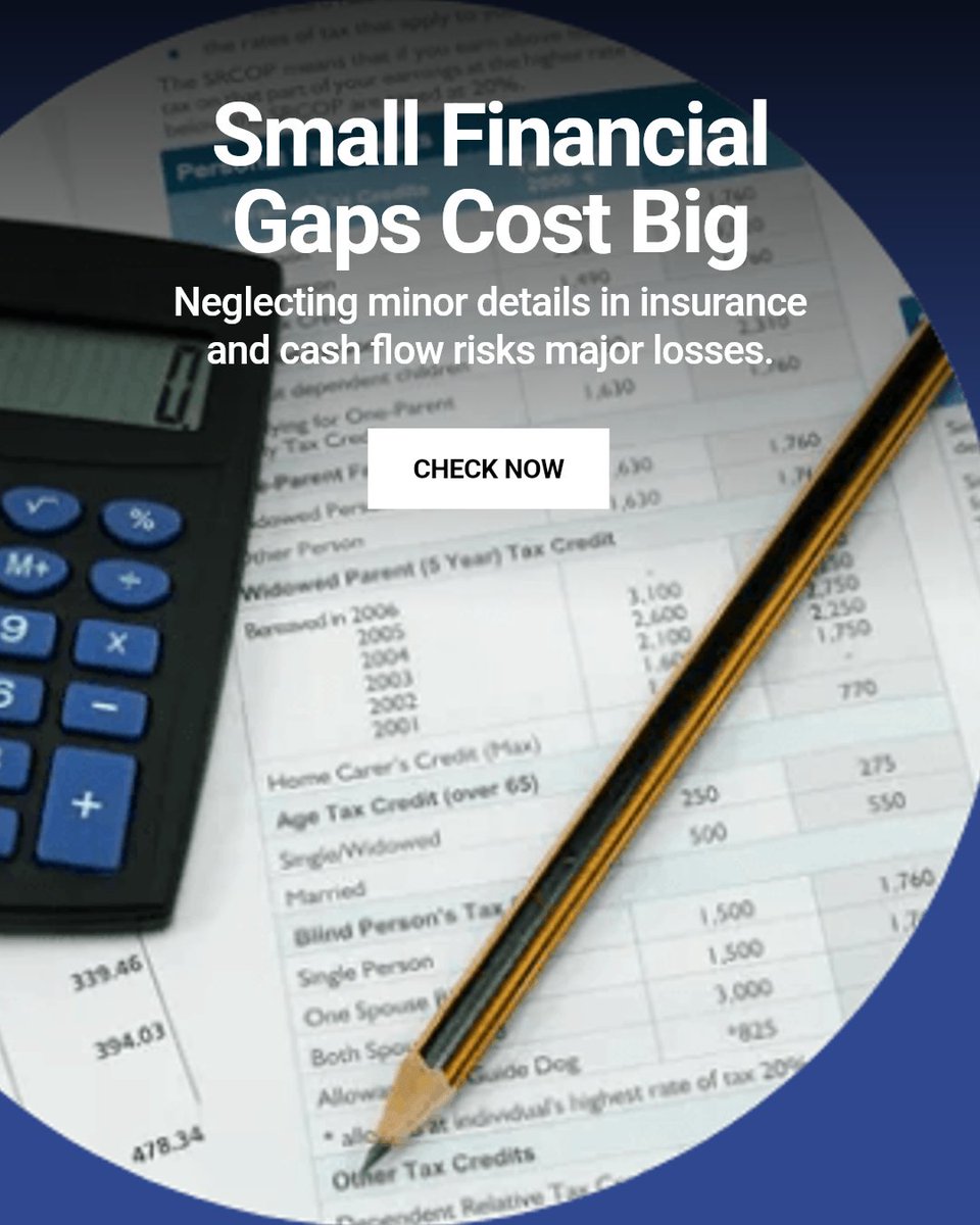 Shidoosh's tweet photo. Ignoring small financial gaps can lead to costly surprises for families and business owners. Review insurance, cash flow, and liabilities regularly to stay ahead. What's one financial detail you haven't checked lately?

https://t.co/Eob2s6z1si https://t.co/0t58fkB5N5