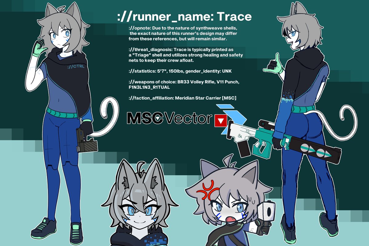 meowiyoru's tweet photo. New reference sheet of my OC, Trace!! if you draw fanart of them I would love to see it with the tag #MSCTrace 🩵💙 https://t.co/ZPmorSR5vC