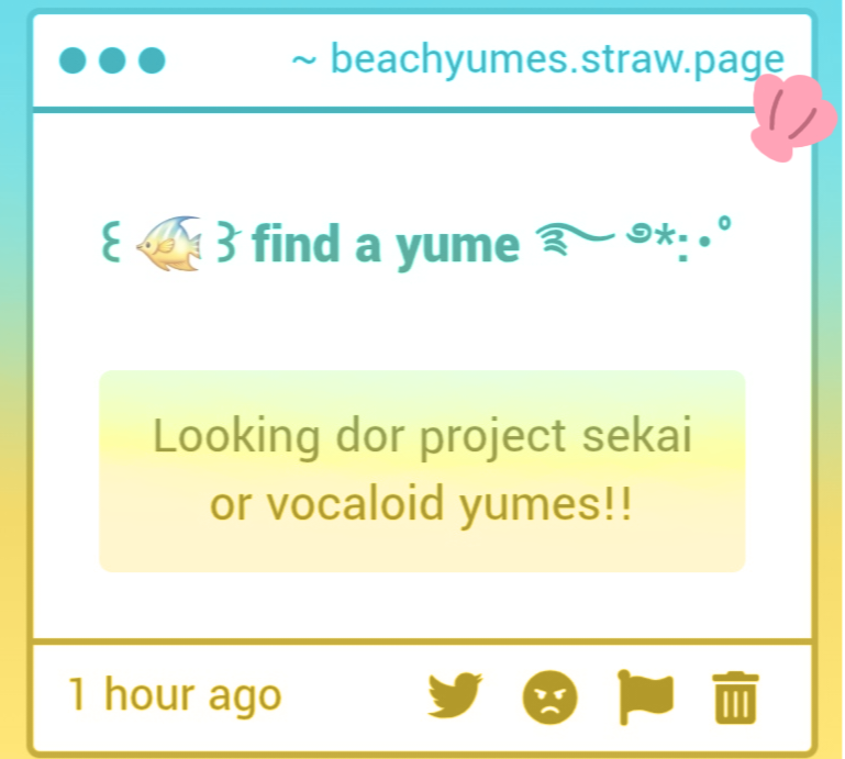 beachyumes's tweet photo. 𓆉༄.° Find a Yume
Anon is looking for Project sekai or vocaloid yumes! https://t.co/ppFhKkwzST