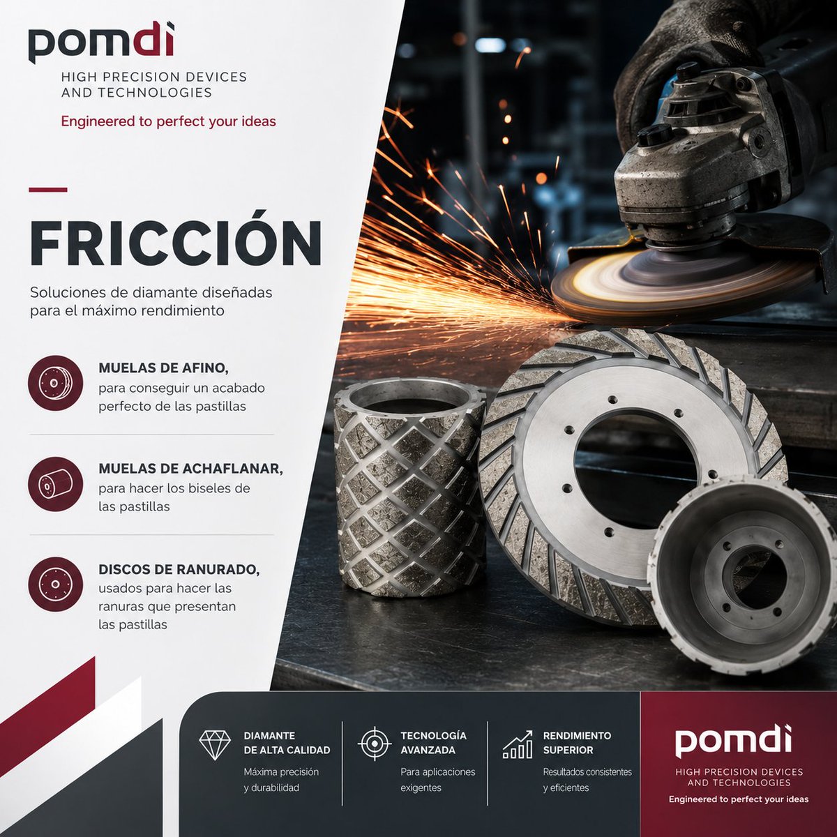 pomdi's tweet photo. No solo fabricamos herramientas, creamos soluciones Pomdi. Entendemos que cada compuesto de fricción es un mundo. Por eso, en Pomdi adaptamos nuestra tecnología de diamante a tus necesidades específicas, logrando el equilibrio perfecto entre velocidad de corte. https://t.co/2bX8sZNDtr
