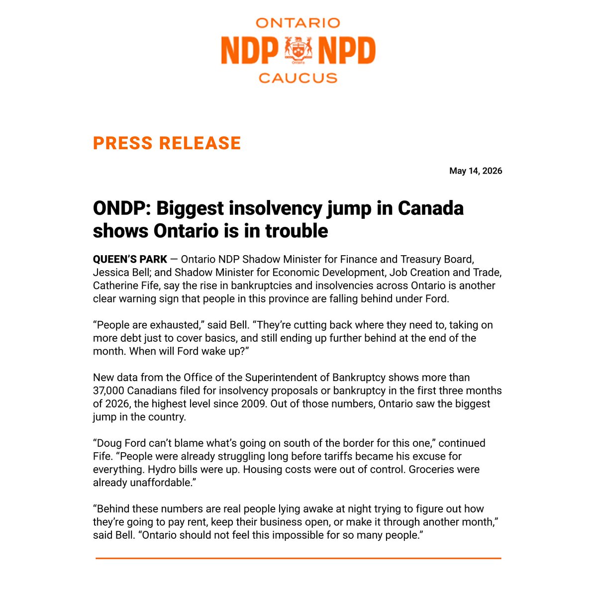 CFifeKW's tweet photo. “Doug Ford can’t blame what’s going on south of the border for this one. People were already struggling long before tariffs became his excuse for everything. Hydro bills were up. Housing costs were out of control. Groceries were already unaffordable.” - Catherine Fife #onpoli https://t.co/xJk4b5KITF