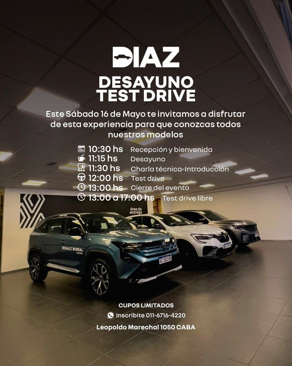 DiazRenault's tweet photo. ¿Buscás un plan diferente para este sábado? ☕🚗
Te invitamos a vivir una experiencia exclusiva en Diaz Renault.

🗓️ Sábado 16 de Mayo | Desde las 10:30 hs.
📍 Leopoldo Marechal 1050, CABA.

📲 Inscribite ahora por WhatsApp al 011-6716-4220. https://t.co/eGoHW57bxh