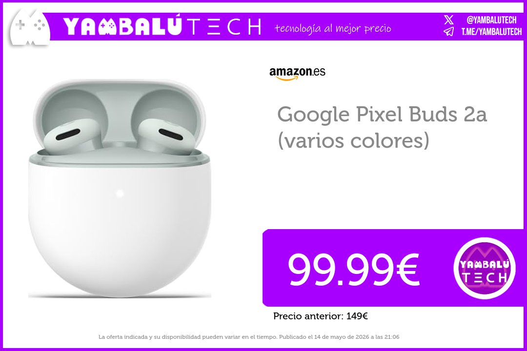 YambaluTech's tweet photo. Google Pixel Buds 2a (varios colores)

✅ Oferta: 99.99€ 
❌ Antes: 149€

🛒 Comprar en Amazon: https://t.co/xhprQU130O https://t.co/yCgqRVvx5g