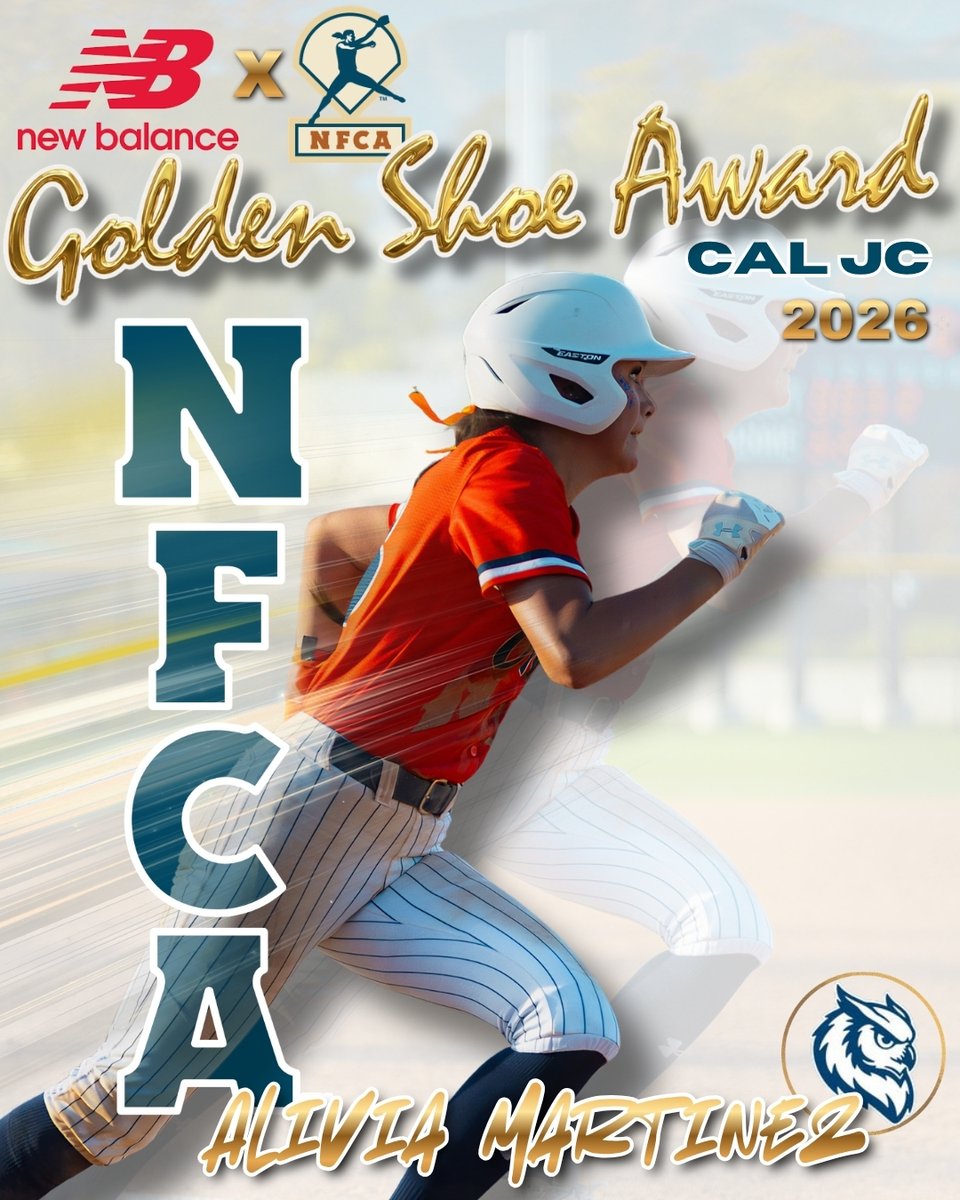 NFCAorg's tweet photo. 🌬️👟Congratulations to the 2026 NFCA Cal JC @newbalance Golden Shoe award winner, @Citrus_Owls Alivia Martinez! 🥎

🔗https://t.co/kkBtfJfafB https://t.co/9f0z5JMdvQ
