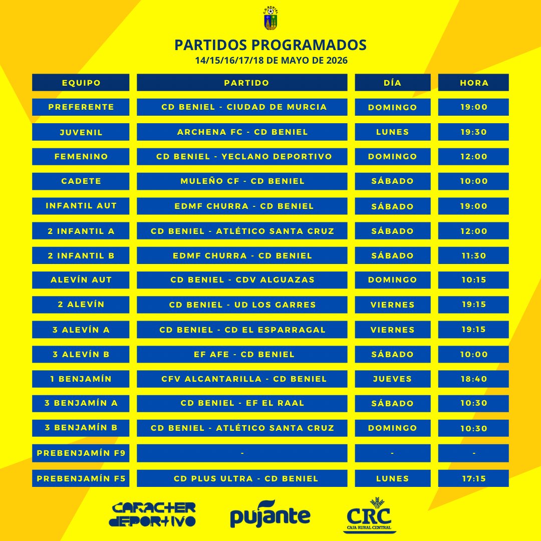 CDBeniel's tweet photo. 📅 𝐏𝐀𝐑𝐓𝐈𝐃𝐎𝐒 𝐏𝐑𝐎𝐆𝐑𝐀𝐌𝐀𝐃𝐎𝐒

💛💙 Aquí tienes todos los partidos programados de nuestros equipos para este fin de semana. https://t.co/nEgT3YKA0d