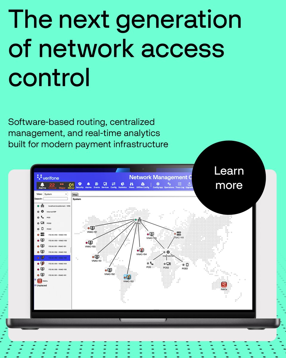 Verifone's tweet photo. The Verifone Network Access Controller (VNAC) Suite replaces legacy hardware with a software-based platform for intelligent routing, centralized management, and real-time analytics.

Learn more: https://t.co/R87JJs0Mz4 https://t.co/VvRco058eG