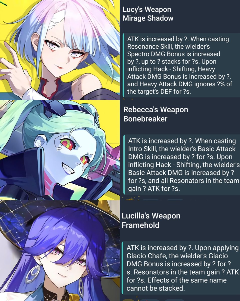 WuWa_Verse1's tweet photo. 3.4 Lucy, Rebecca &amp; Lucilla's weapons 

-Via Seele 

#WutheringWaves https://t.co/R1GKYiqlw9