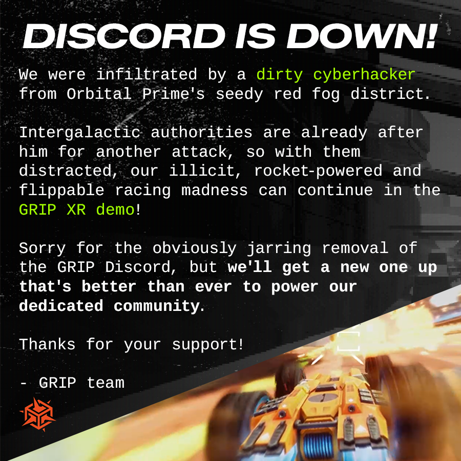 grip_xr's tweet photo. The GRIP Discord is down due to cyberscum, but it'll be back and better than before💪
In the meantime, play the DEMO on Steam!
https://t.co/85D6paCuW6 https://t.co/le6NWPJzFF