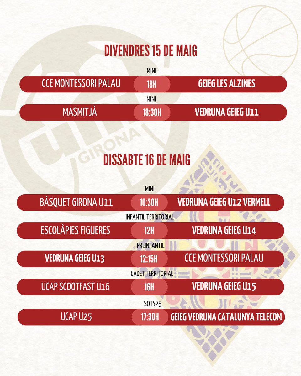 GEiEGBasquet's tweet photo. 📅 Calendari de partits dels equips del @geieg1919 @UnioGironaACE d’aquest cap de setmana https://t.co/YdOnzsOvP2
