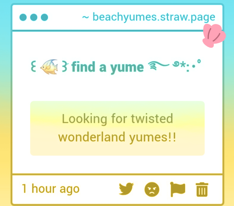 beachyumes's tweet photo. 𓆉༄.° Find a Yume
Anon is looking for twisted wonderland yumes! https://t.co/UkQ3i5yn1K