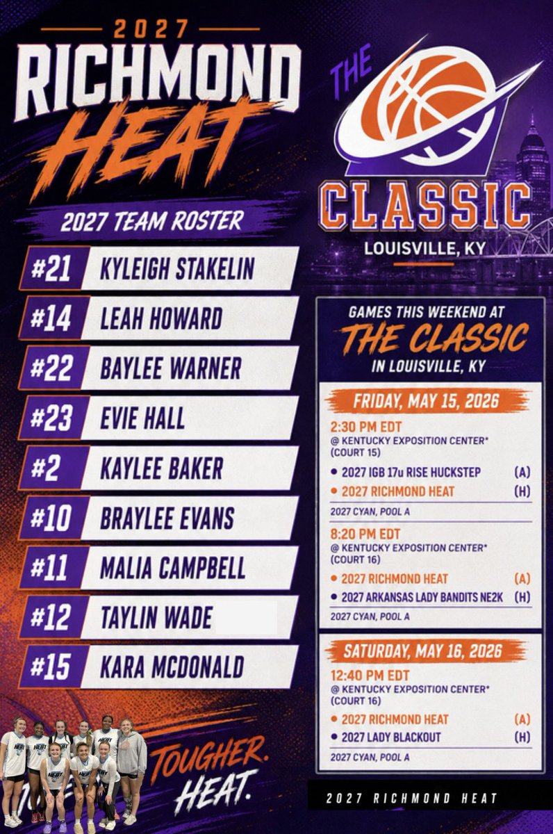 Helecia330's tweet photo. You can find these girls in Louisville this weekend. Great group of kids and they can ball! @RichmondHeat1 
@kyleighstakelin @baylee_warner1 @leah_howard14 @TaylinWade @KayleeBaker21_ @Maliac27388 @evie_hall23 https://t.co/sPIY3YFrHv
