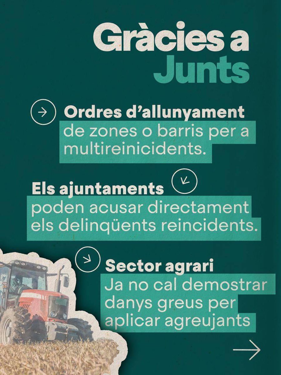 JuntsXSantBoi's tweet photo. Què hem aconseguit?

⛓️ Presó a partir de 3 furts o per robar un mòbil.
🛑 Ordres d'allunyament per a multireincidents.
⚖️ Els ajuntaments poden acusar directament.
🚜 Més facilitats per protegir el sector agrari.
💻 Resposta penal per a estafes digitals.
#multireincidència https://t.co/mCPeVUW6Qk