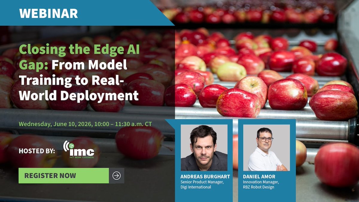 digidotcom's tweet photo. On June 10, join Digi and RBZ Robot Design for a webinar on moving from #AI model development to deployment and optimization at the edge. See how #edgeAI and cloud-based services simplify deployment and scaling across #industrial environments. Register: https://t.co/gJh31zi21S https://t.co/jPrMAgYR09