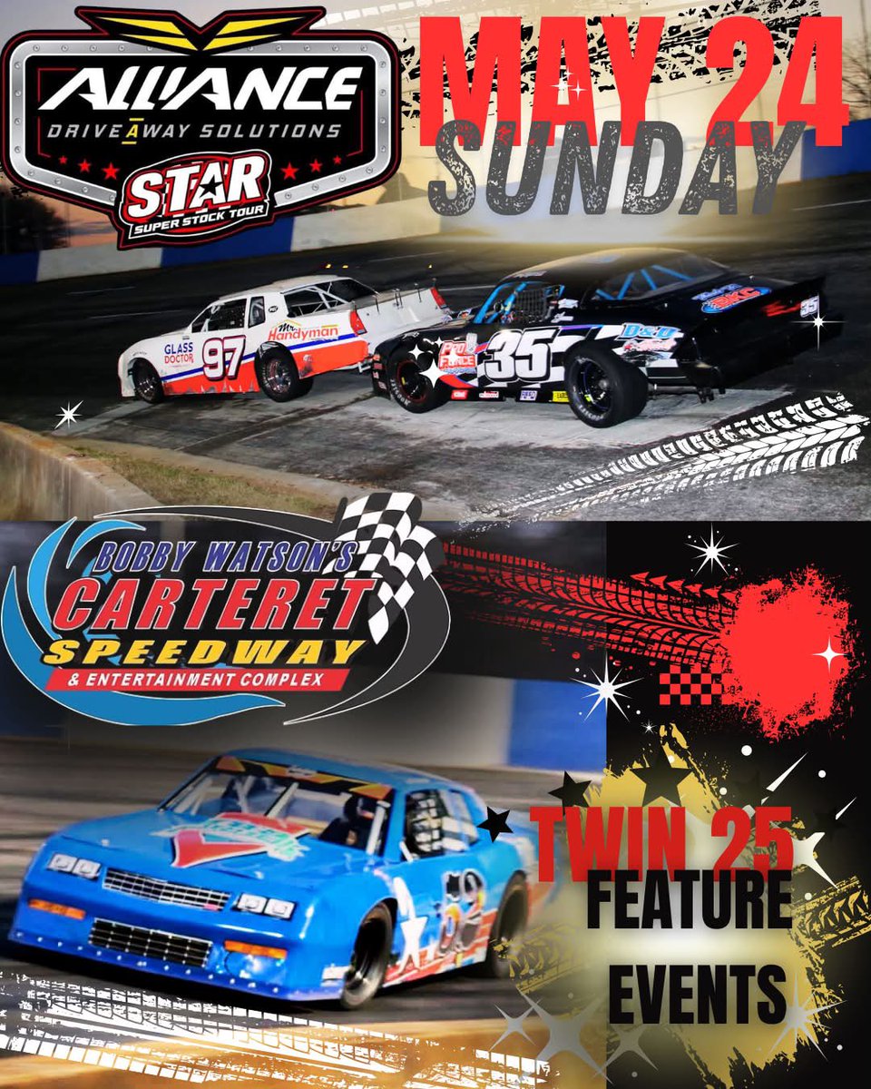 BooCarlisle's tweet photo. FOR IMMEDIATE RELEASE:

Alliance DriveAway Solutions STAR Tour Set For Historic First Ever Visit to Carteret County Speedway on Sunday, May 24th

JEFFERSON, GA — The Alliance DriveAway Solutions STAR Super Stock Tour is set to make its historic first-ever visit to Carteret County Speedway & Entertainment Complex next Sunday, May 24th, as part of a huge Memorial Day Weekend celebration featuring Twin 25 Lap Feature events.

As the 2026 championship battle continues to tighten, some of the Southeast’s top Super Stock competitors will roll into the Crystal Coast looking to gain valuable momentum in Rounds 5 and 6 of the 10 race championship season.

After four races completed, South Carolina driver Glenn Mappus currently leads the Alliance DriveAway Solutions STAR Tour standings with 189 points following a strong start to the year. Georgia standout David Murphy sits just 11 points behind in second with 178 markers, while Jeremy Fowler currently occupies third in the standings with 155 points heading into Carteret County Speedway.

The tight and fast 4/10-mile oval is expected to provide intense side by side racing and an exciting new challenge for the competitors of the STAR Tour as the series visits Carteret County Speedway for the very first time.

STAR Tour promoter Boo Carlisle says the Memorial Day Weekend event is shaping up to be one of the most anticipated races on the 2026 schedule.

“To be able to bring the STAR Tour to Carteret County Speedway for the first time ever is something we’re extremely excited about,” said Carlisle. “It’s a beautiful facility with an incredible atmosphere, especially on Memorial Day Weekend.”

The Alliance DriveAway Solutions STAR Super Stock Tour would also like to thank the entire Carteret County Speedway staff and team that work tirelessly week in and week out to keep the facility looking beautiful and operating at a absolute first class level for racers and fans alike.