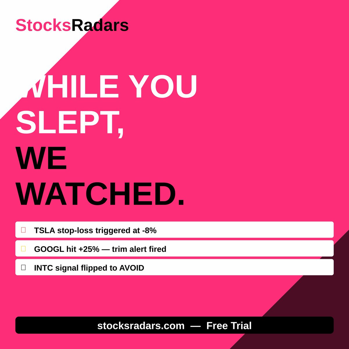 stocksradars's tweet photo. 4 alerts that protect every position: 🔴 Stop-loss at -8% 🎯 Trim at +25% 📉 Trailing stop 📊 Signal change Every evening after market close. Automatic. Free. https://t.co/8C1wjwIM7s #StockMarket #AISignals #StocksRadars" https://t.co/yp7tEiZV9r