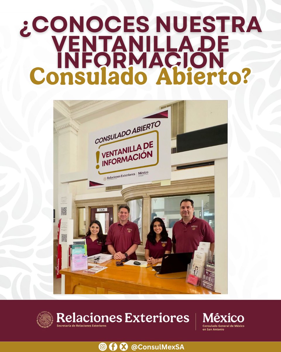 ConsulMexSA's tweet photo. 📌 ¿Ya conoces nuestra Ventanilla de Información “Consulado Abierto”?
Nuestro equipo está listo para orientarte ante cualquier duda 🇲🇽🤝
#ConsuladoATuLado https://t.co/v9kgr8ITKJ