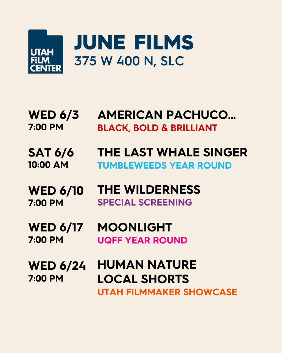 UtahFilmCenter's tweet photo. Playing at #UtahFilmCenter this June! A dynamic lineup of film screenings—from Luis Valdez’s AMERICAN PACHUCO to Oscar-winning MOONLIGHT and the Utah-set story THE WILDERNESS.

FREE admission—tickets at https://t.co/wBjUS3bSrH
See you at the movies.
#FreeFilmScreenings https://t.co/CwfFsg4QBV