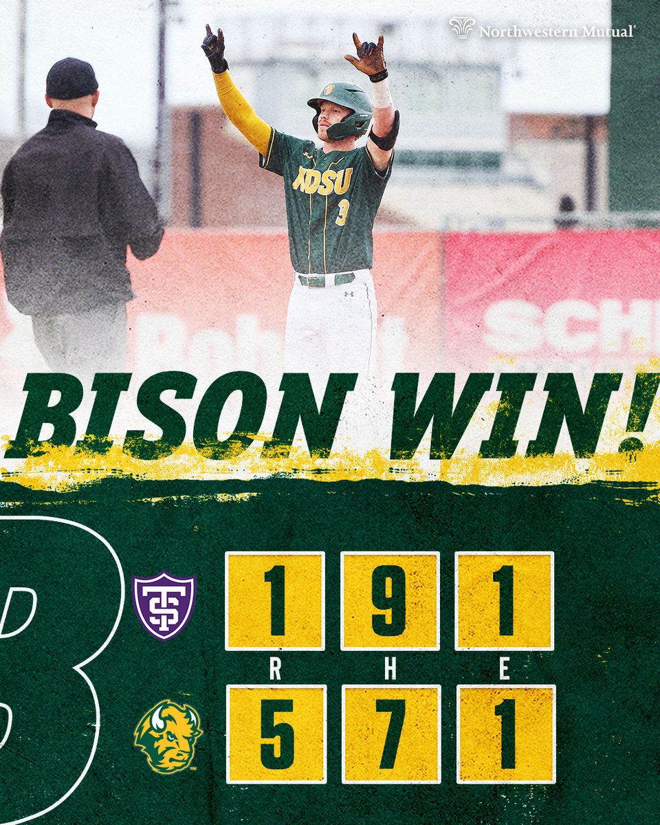 NDSUbaseball's tweet photo. The Bison win the series opener! 🤘 https://t.co/NhLLZjZXBV