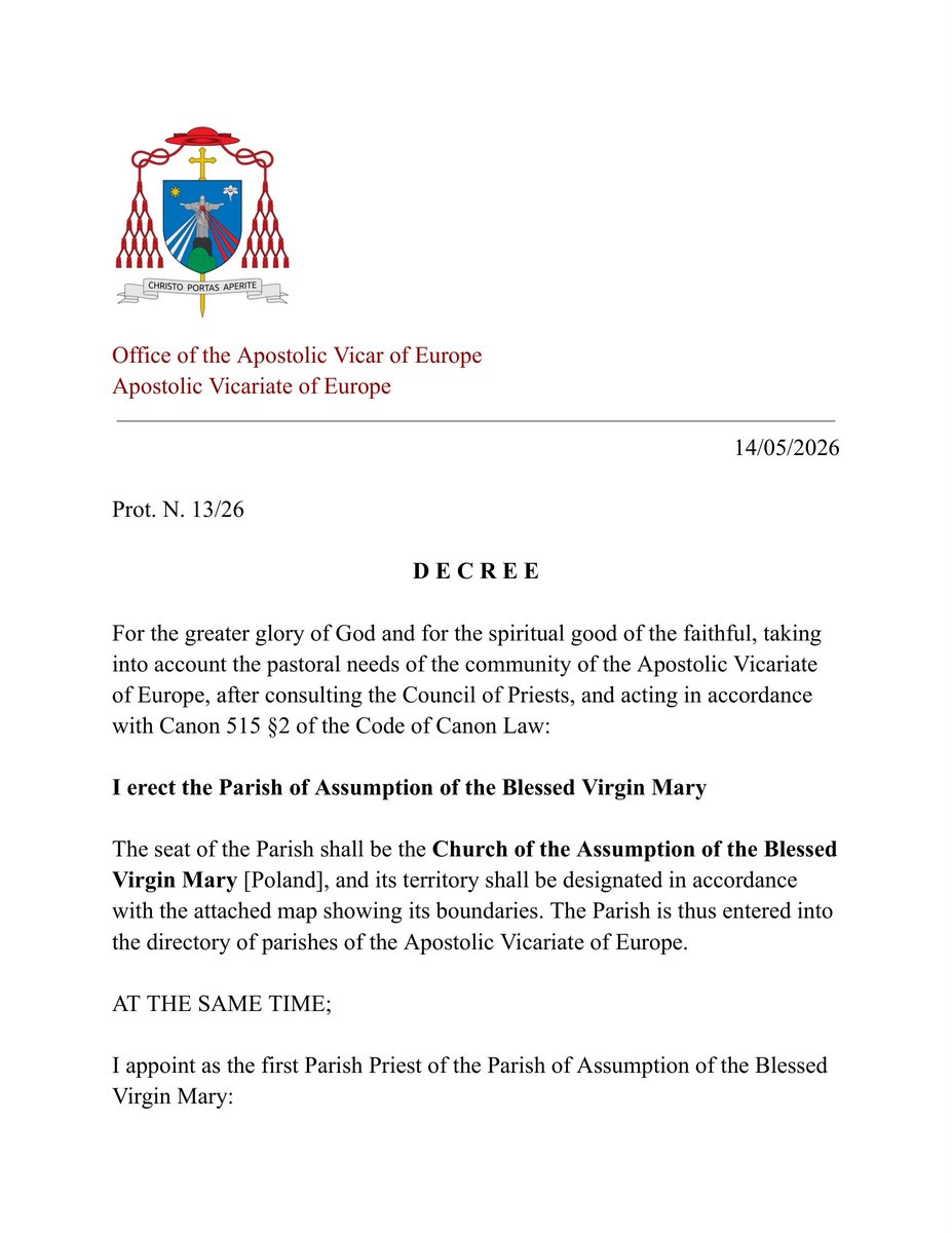 EuropeanRo25069's tweet photo. This evening, a Decree was promulgated in which H.E. Jan Cardinal Głowacz, Vicar Apostolic of Europe, announced the establishment of the Parish of Assumption BVM [Poland]. He appointed Fr. Conrad Maria Stefan as the First Parish Priest. Deo Gratias! https://t.co/MT1BQE628w