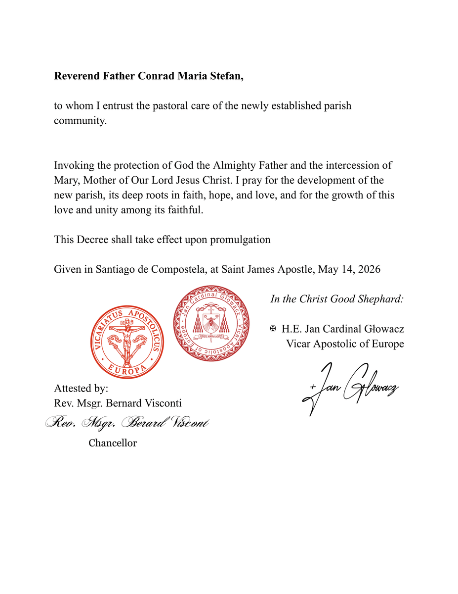 EuropeanRo25069's tweet photo. This evening, a Decree was promulgated in which H.E. Jan Cardinal Głowacz, Vicar Apostolic of Europe, announced the establishment of the Parish of Assumption BVM [Poland]. He appointed Fr. Conrad Maria Stefan as the First Parish Priest. Deo Gratias! https://t.co/MT1BQE628w