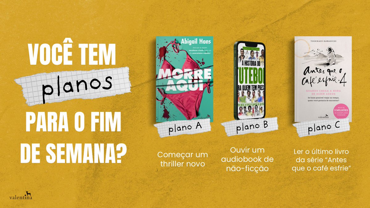 EdValentina's tweet photo. Já tem planos para o fim de semana? 🤔

Se ainda não tem, a Valen te dá dicas do que fazer no fim de semana.

E aí, por qual plano você irá optar? Conta pra gente nos comentários! 👇

#FimDeSemanaLiterario #Ficção #NãoFicção #Audiobooks #EditoraValentina https://t.co/C6ICwNH9J5