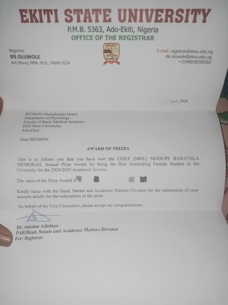 bunmibenson123's tweet photo. DELAY IS NOT DENIAL
I’ve finally been officially awarded the Best Female Graduating Student in the uni after so much back and forth due to an error,From moments of doubt and waiting to finally seeing everything corrected and confirmed. 4.88 CGPA. Best Female Graduating Student.🥹 https://t.co/ud00X1HRKJ