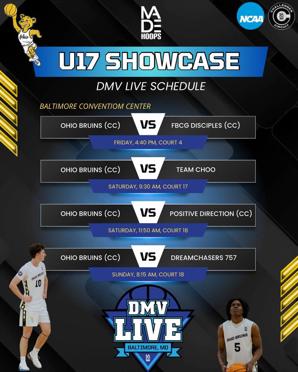 devjack24's tweet photo. @OhioBruins will be at @madehoops DMV Live this weekend! Game Schedule posted below

@MADEscouting @ScoutUrecruit @CoachRonScoutU @recruitszone @TheScoutLab https://t.co/u2ikqCZmmn