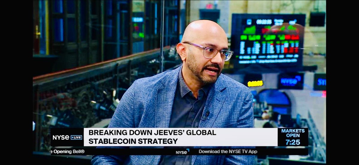 thazhmon's tweet photo. Started the morning at the @NYSE opening bell 🔔(sans my volcom cap 🧢), chatting through the next phase of enterprise stablecoin expansion, including:

+ our Argentina 🇦🇷 launch of stablecoin corporate cards for enterprises (and how it serves as a blueprint for multiple country launches a year!) 💪

+ the vote on the CLARITY Act today 👀 and how it impacts the future of stablecoin adoption.

+ how enterprise stablecoin infrastructure is very different from consumer ✅

+ why @jeeves_inc 🦁 is uniquely positioned to win in the global south with our combination of fiat & stablecoin enterprise grade rails.

Thanks for the invite and hope to be back on the NYSE soon but next time with a bell included 😉 Let’s go! 🚀