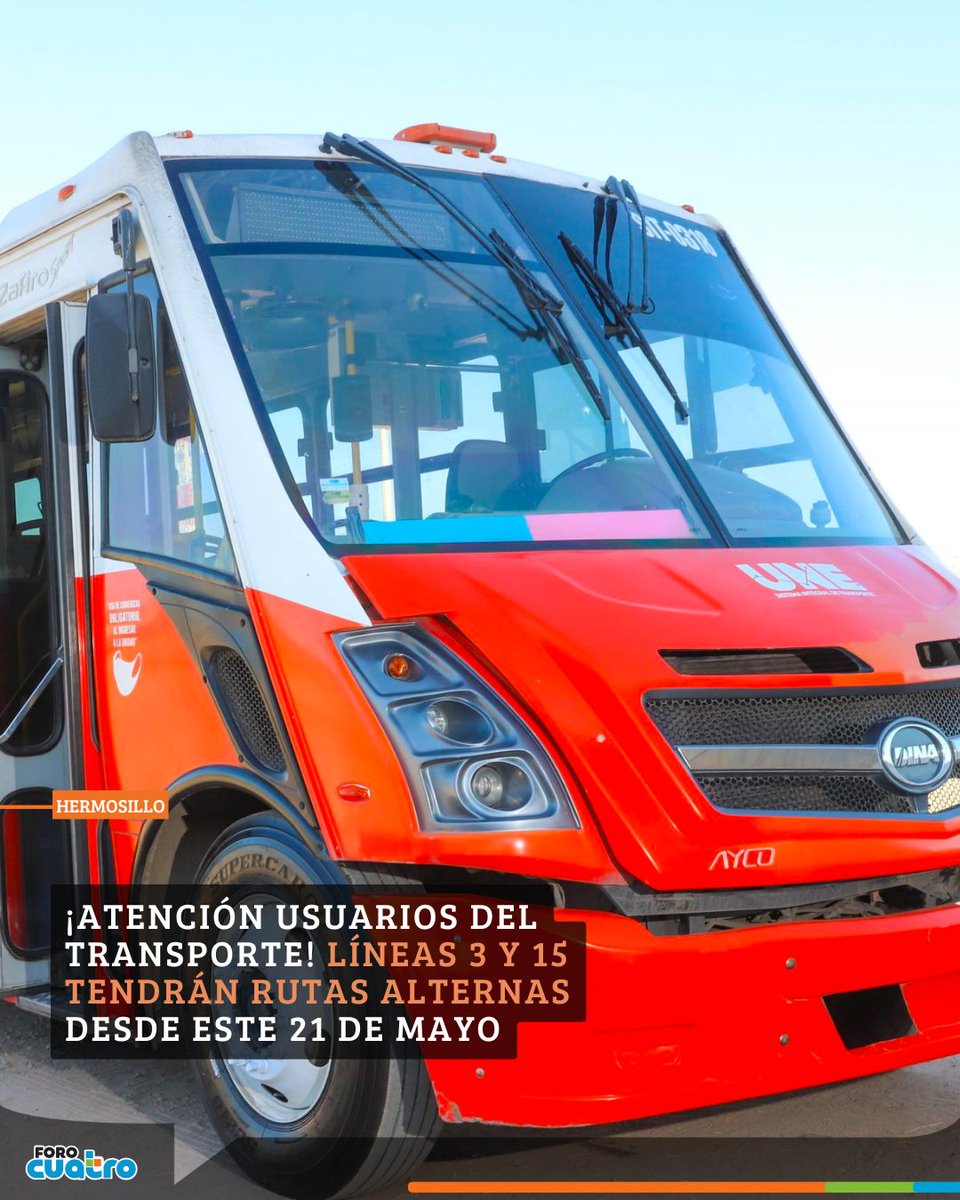 ForoCuatroTV's tweet photo. El Imtes informó que a partir del próximo viernes 21 de mayo se realizarán cambios temporales en algunas rutas del transporte urbano en Hermosillo...
👉👉 https://t.co/JwZdK4dkBq
#Hermosillo #TransportePublico #IMTES #Sonora #Movilidad #RutasUrbanas #NoticiasSonora https://t.co/5j28F3zhxx