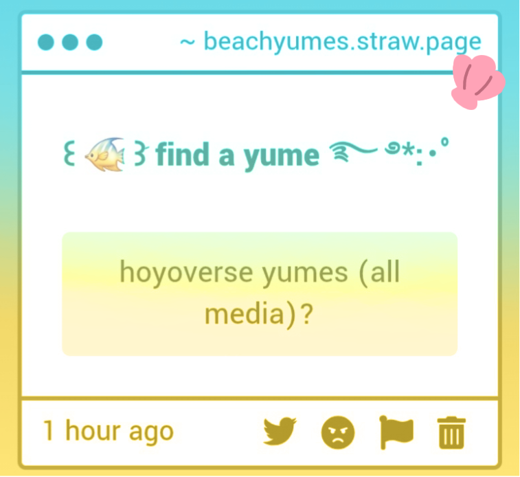 beachyumes's tweet photo. 𓆉༄.° Find a Yume
Anon is Looking for honkai impact 3rd, genshin impact, honkai: star rail, Zenless Zone Zero and Tears of Themis yumes! https://t.co/HCknbs0uDp