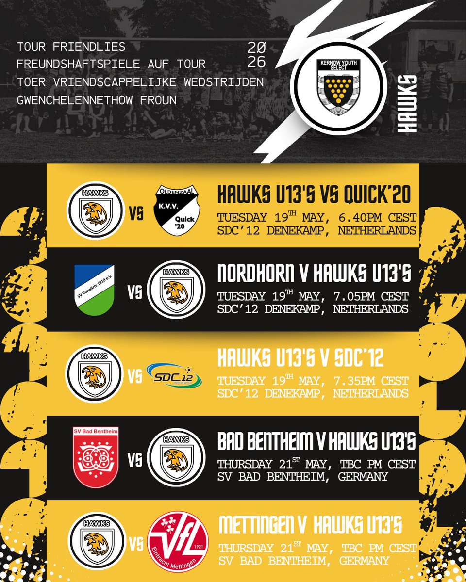 KernowYthSelect's tweet photo. With 3 days until we travel we are delighted to bring your our tour friendlies for the 2026 Hawks U13’s… https://t.co/uzEpXviVEY