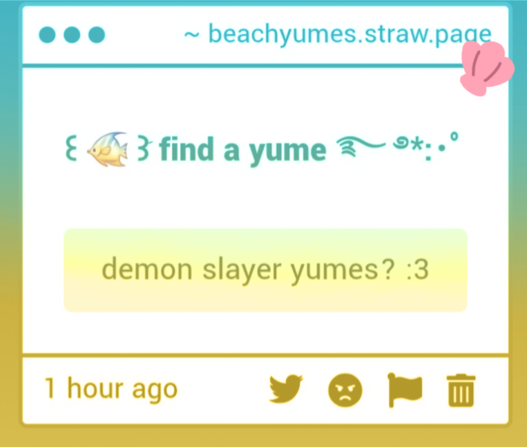beachyumes's tweet photo. 𓆉༄.° Find a Yume
Anon is looking for Demon Slayer yumes! https://t.co/ggvKbVieeH
