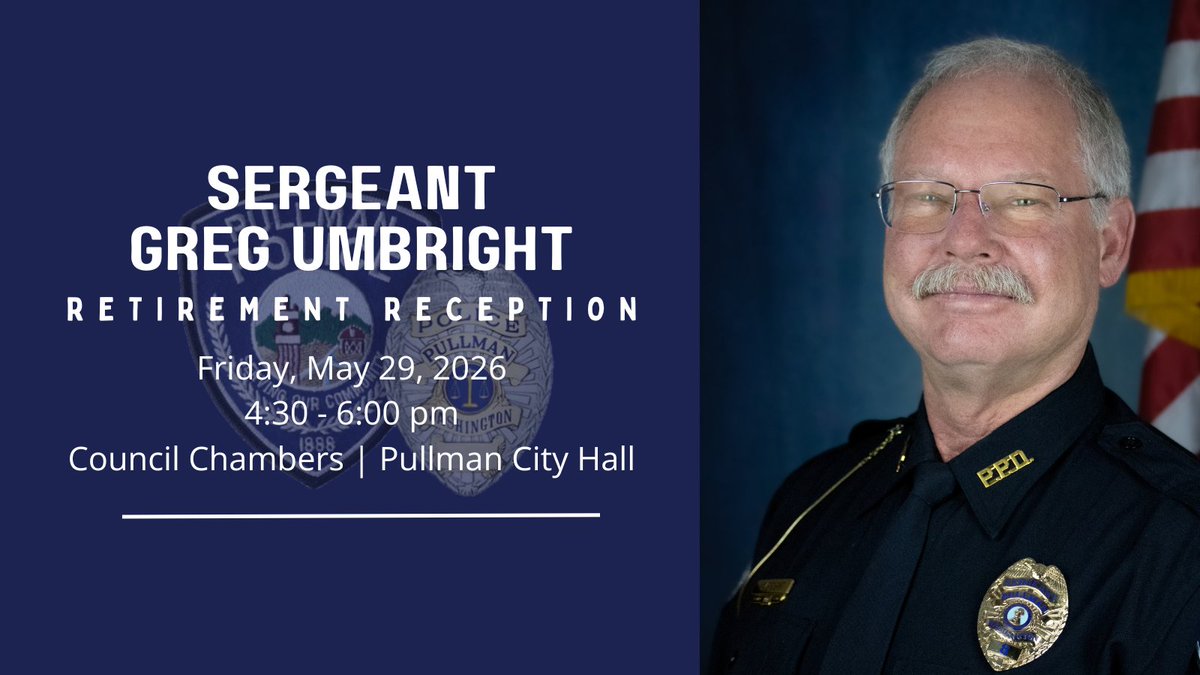 PullmanPolice's tweet photo. Please join us in thanking Sergeant Greg Umbright for more than 35 years of service to the @City_of_Pullman!
#PullmanProud https://t.co/sl5NQc5OGM